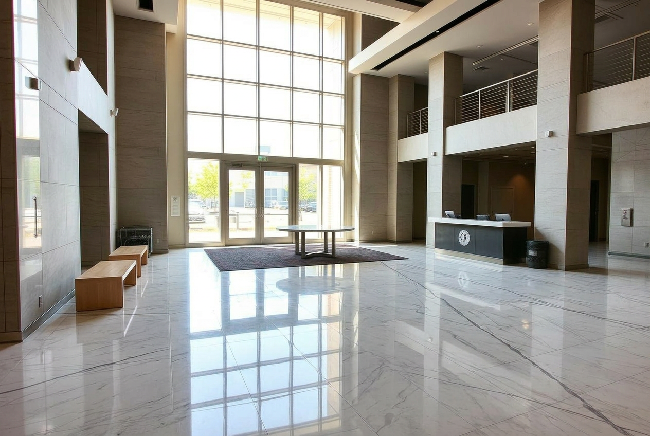 After post-construction cleaning by Ruben Cleaning Systems: same Delray Beach commercial lobby with gleaming polished marble floors and clean glass entry doors