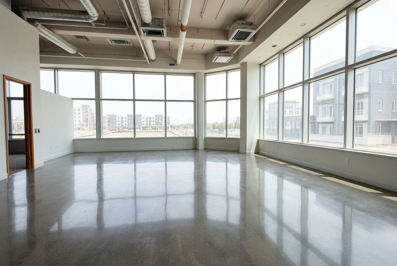 After post-construction cleaning by Ruben Cleaning Systems: same Boynton Beach corporate office with spotless polished concrete floors and crystal-clear windows