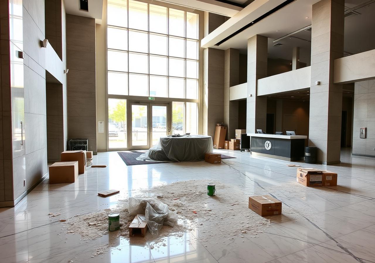 Before post-construction cleaning: Delray Beach commercial lobby with cardboard boxes, plastic sheeting, and drywall debris on the marble floor